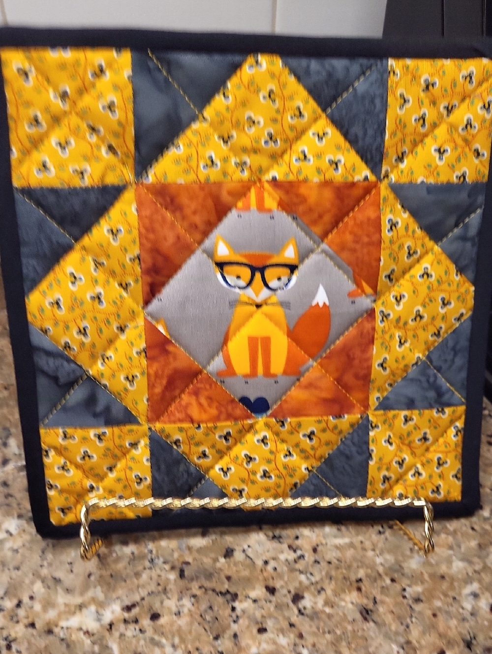 Handmade Fox Patchwork Potholders - Yellow, Orange, Gray - set of 2